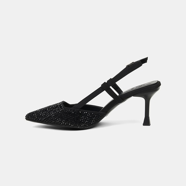  Kadın Siyah Taşlı Sivri Burunlu Topuklu Saten Abiye Ayakkabı