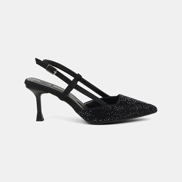  Kadın Siyah Taşlı Sivri Burunlu Topuklu Saten Abiye Ayakkabı