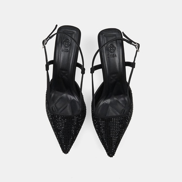  Kadın Siyah Taşlı Sivri Burunlu Topuklu Saten Abiye Ayakkabı