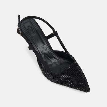  Kadın Siyah Taşlı Sivri Burunlu Topuklu Saten Abiye Ayakkabı