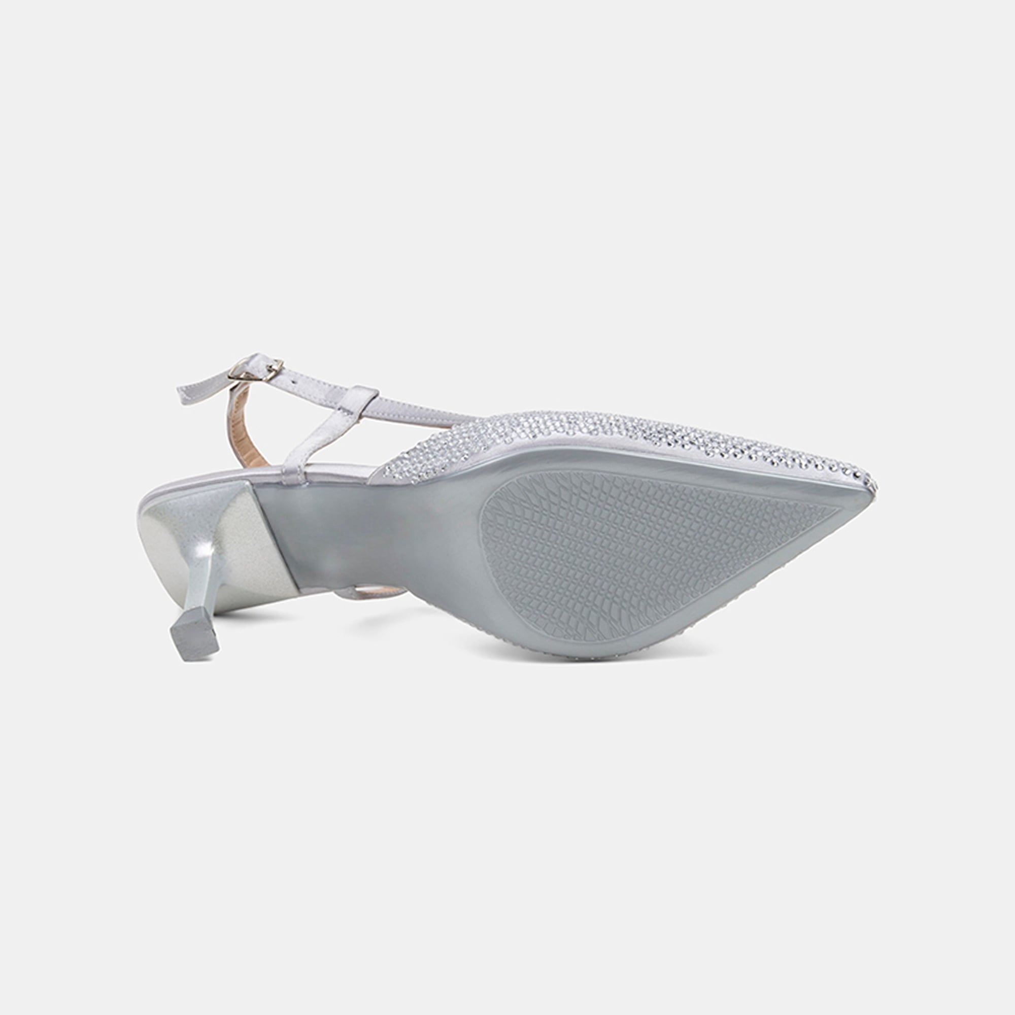 Kadın Gümüş Taşlı Sivri Burunlu Topuklu Saten Abiye Ayakkabı