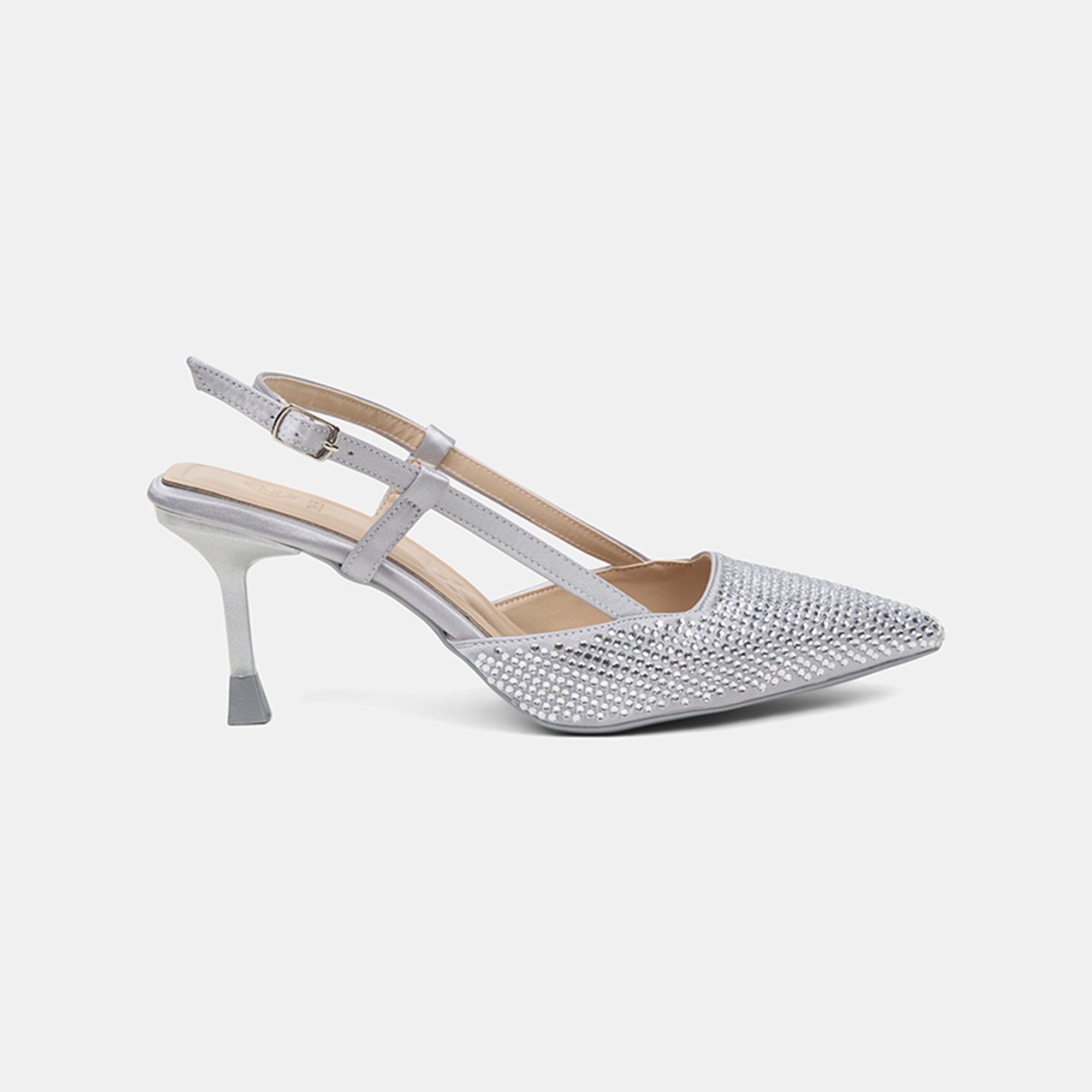 Kadın Gümüş Taşlı Sivri Burunlu Topuklu Saten Abiye Ayakkabı