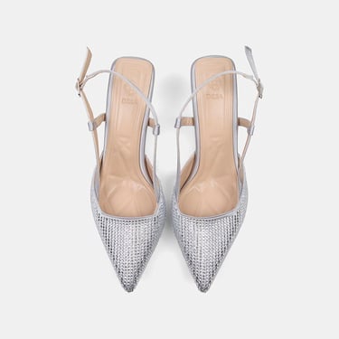  Kadın Gümüş Taşlı Sivri Burunlu Topuklu Saten Abiye Ayakkabı