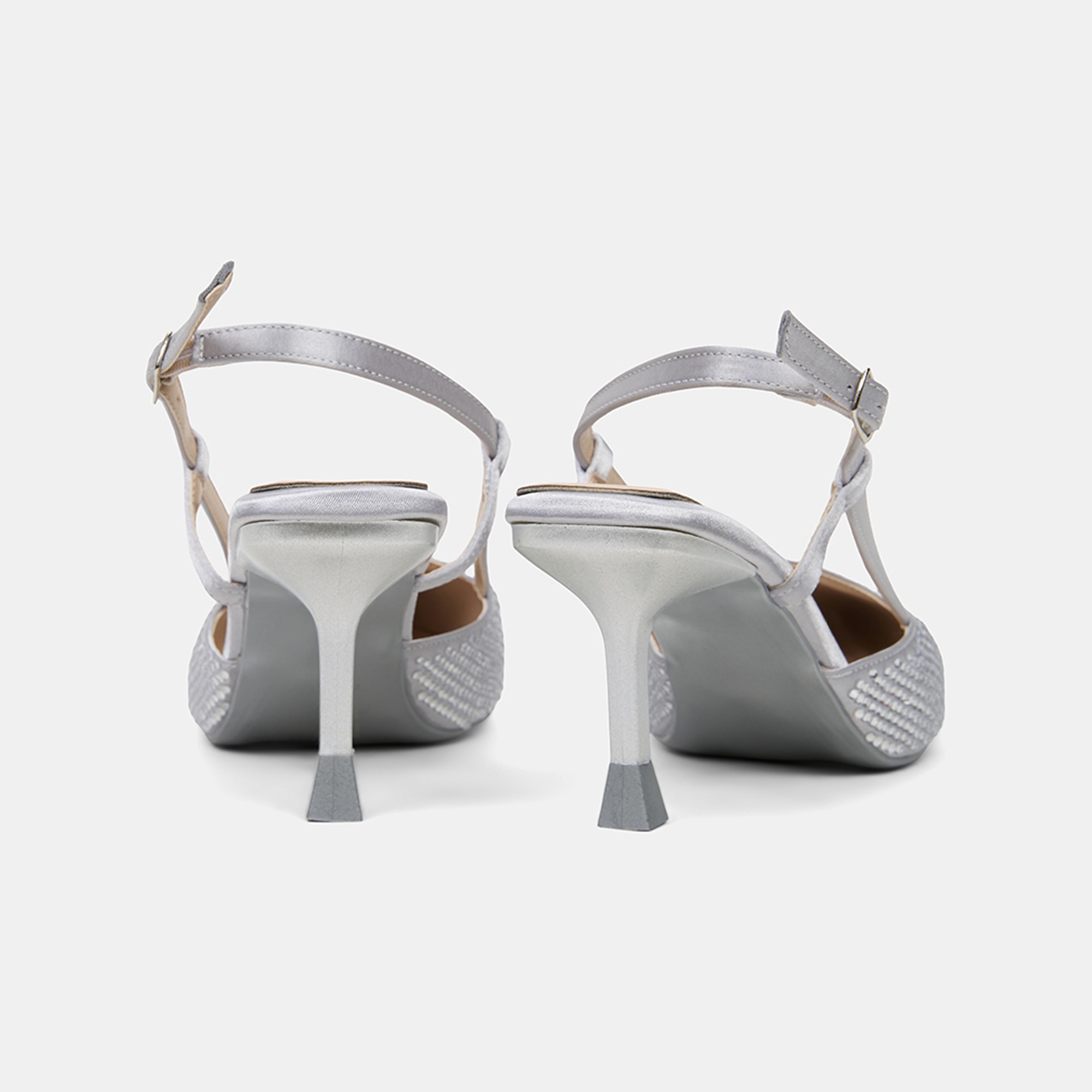 Kadın Gümüş Taşlı Sivri Burunlu Topuklu Saten Abiye Ayakkabı