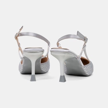  Kadın Gümüş Taşlı Sivri Burunlu Topuklu Saten Abiye Ayakkabı