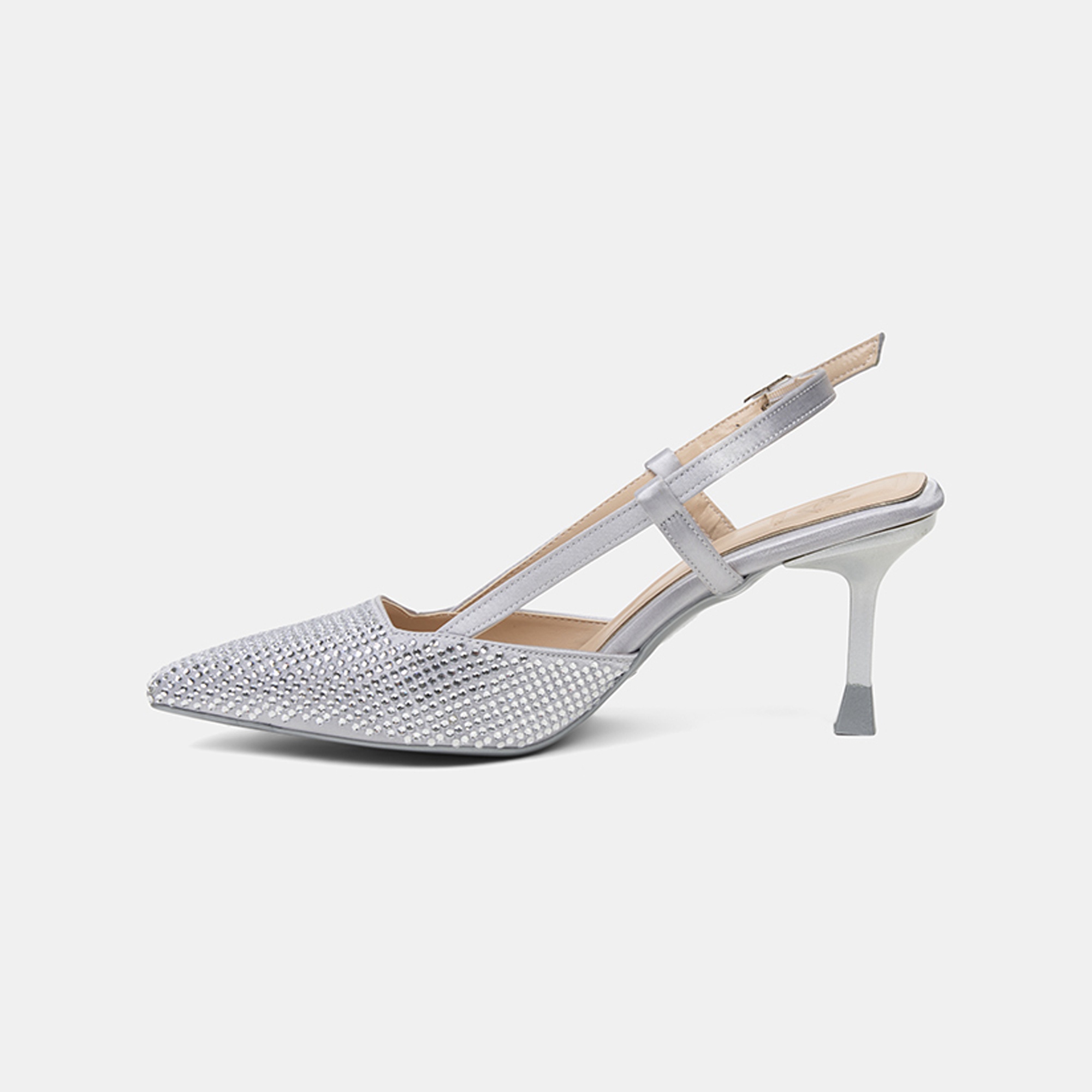Kadın Gümüş Taşlı Sivri Burunlu Topuklu Saten Abiye Ayakkabı
