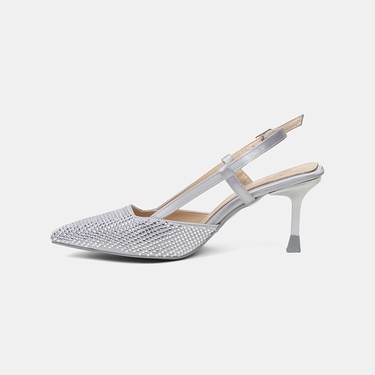  Kadın Gümüş Taşlı Sivri Burunlu Topuklu Saten Abiye Ayakkabı