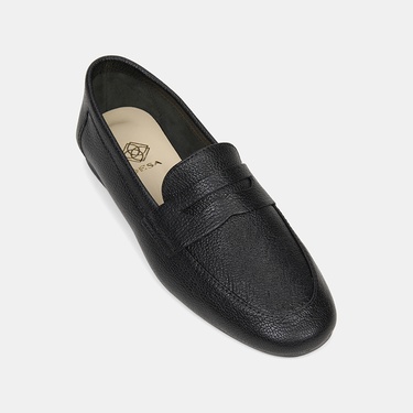  Kadın Siyah Yuvarlak Burun Deri Loafer