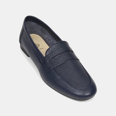  Kadın Lacivert Yuvarlak Burun Deri Loafer