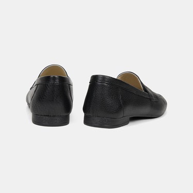  Kadın Siyah Yuvarlak Burun Deri Loafer