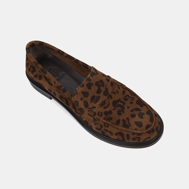  Kadın Leopar Desenli Yuvarlak Burun Süet Deri Loafer