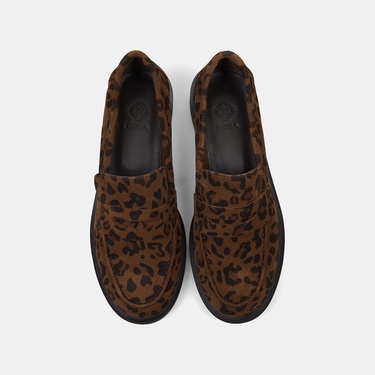  Kadın Leopar Desenli Yuvarlak Burun Süet Deri Loafer