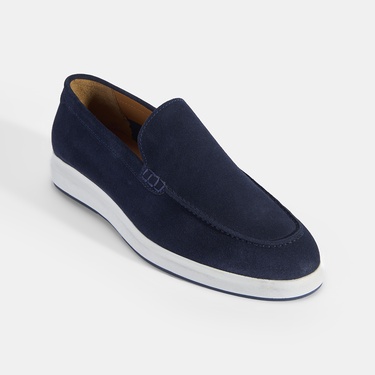  Erkek Lacivert Klasik Beyaz Tabanlı Süet Loafer
