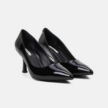  Kadın Siyah Sivri Burunlu Klasik Rugan Deri Stiletto