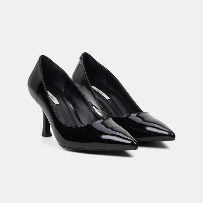  Kadın Siyah Sivri Burunlu Klasik Rugan Deri Stiletto