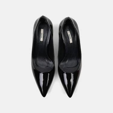  Kadın Siyah Sivri Burunlu Klasik Rugan Deri Stiletto