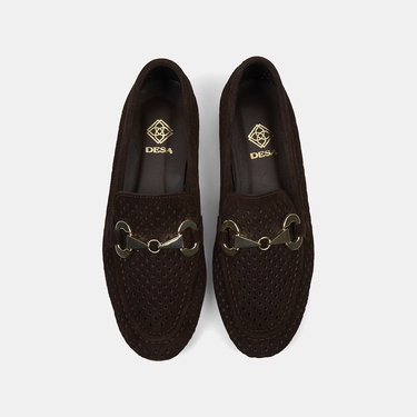  Kadın Kahve Metal Aksesuarlı Perforeli Süet Loafer