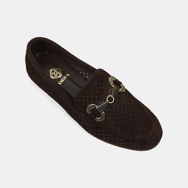  Kadın Kahve Metal Aksesuarlı Perforeli Süet Loafer