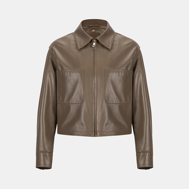  Kadın Kahve Gömlek Yakalı Kısa Deri Ceket