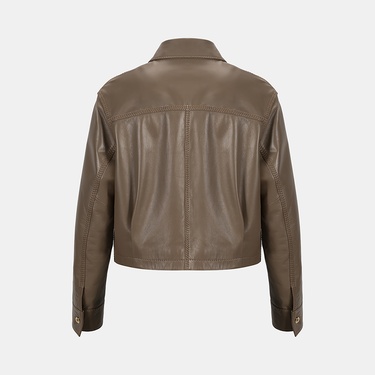  Kadın Kahve Gömlek Yakalı Kısa Deri Ceket
