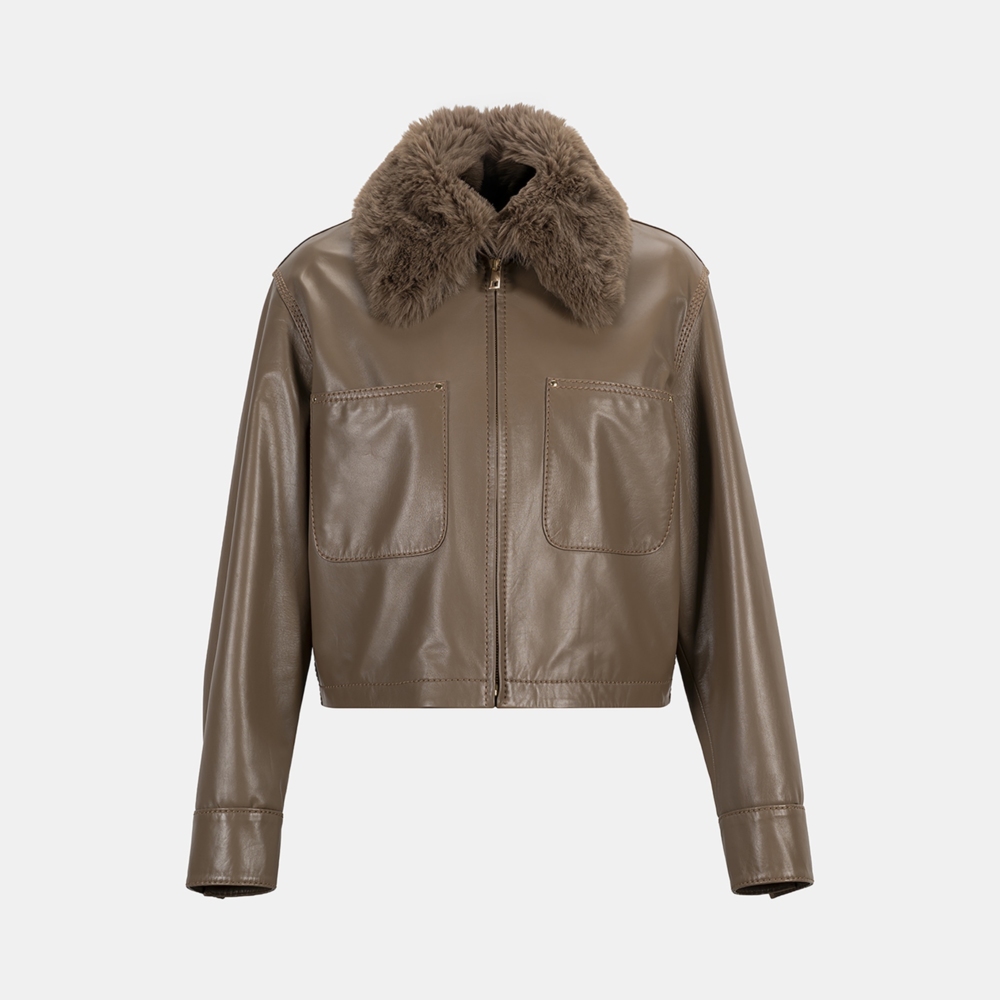 Kadın Kahve Gömlek Yakalı Kısa Deri Ceket