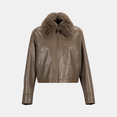  Kadın Kahve Gömlek Yakalı Kısa Deri Ceket