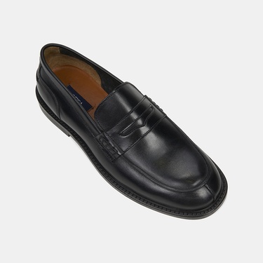  Erkek Siyah Yuvarlak Burun Klasik Deri Loafer