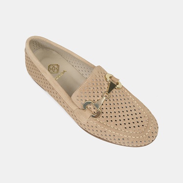  Kadın Vizon Metal Aksesuarlı Perforeli Süet Loafer