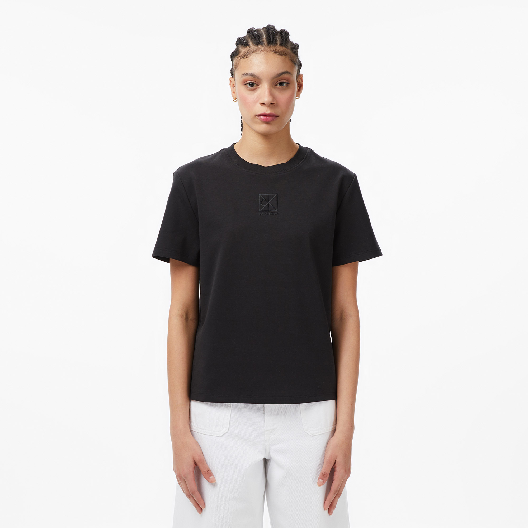  Calvin Klein Interlock Emblem Mock Kadın Siyah T-Shirt