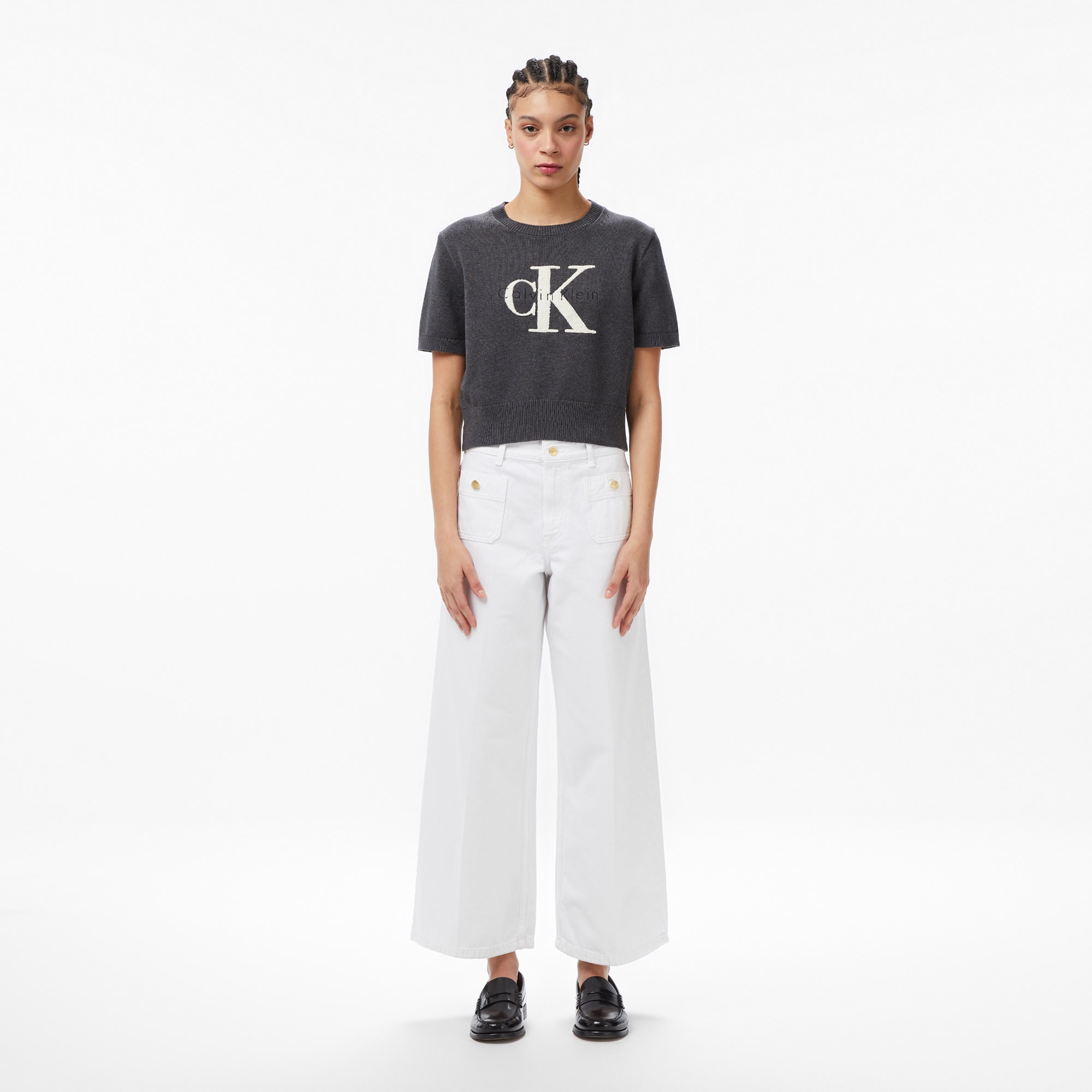 Calvin Klein Chunky Cotton Graphic Vest Kadın Gri Triko