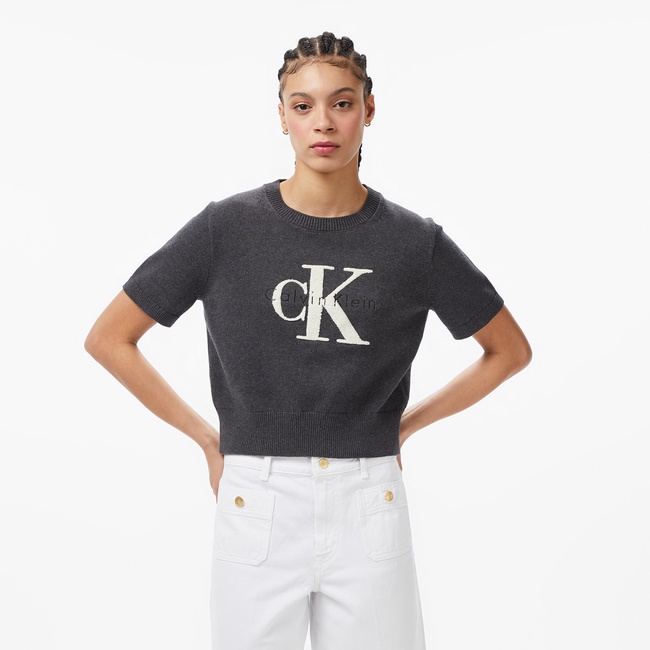  Calvin Klein Chunky Cotton Graphic Vest Kadın Gri Triko