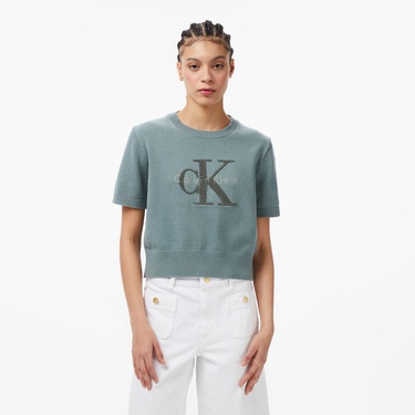  Calvin Klein Chunky Cotton Graphic Vest Kadın Gri Triko