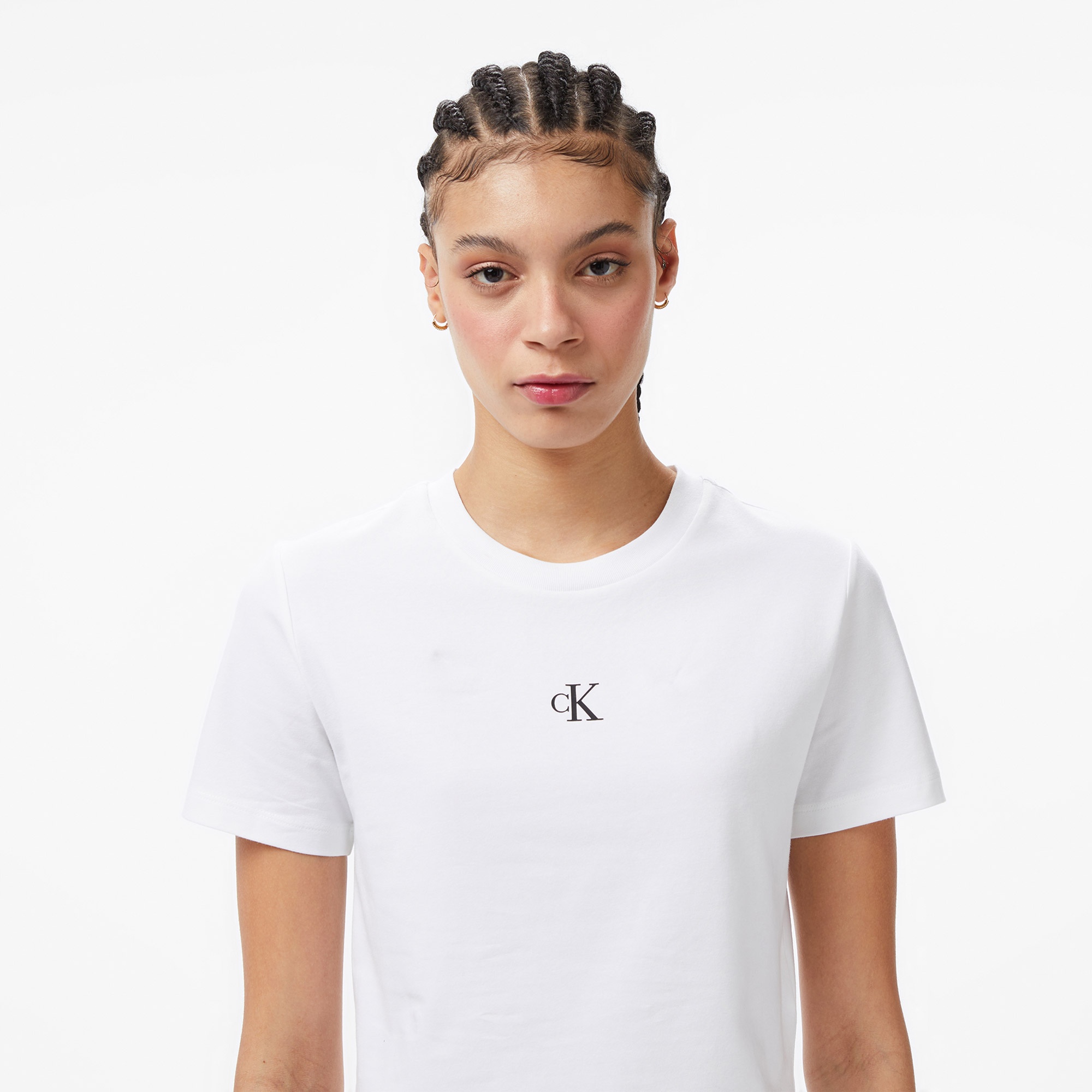 Calvin Klein Logo Cropped  Kadın Beyaz T-Shirt