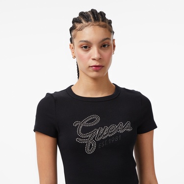  Guess Studs Slim Fit Kadın Siyah T-Shirt
