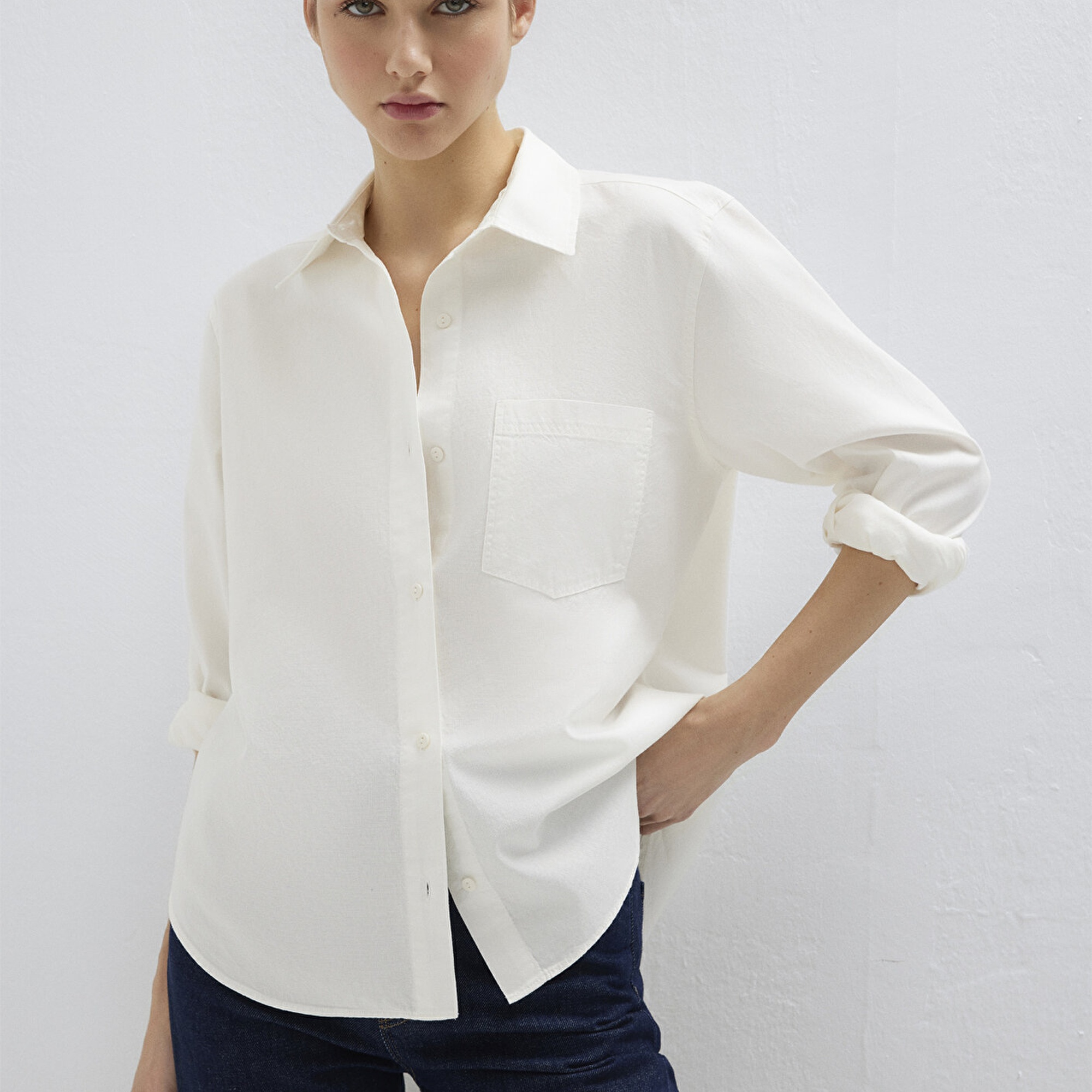 Mavi Ekru Gömlek Loose Fit / Bol Rahat Kesim 1211434-70057