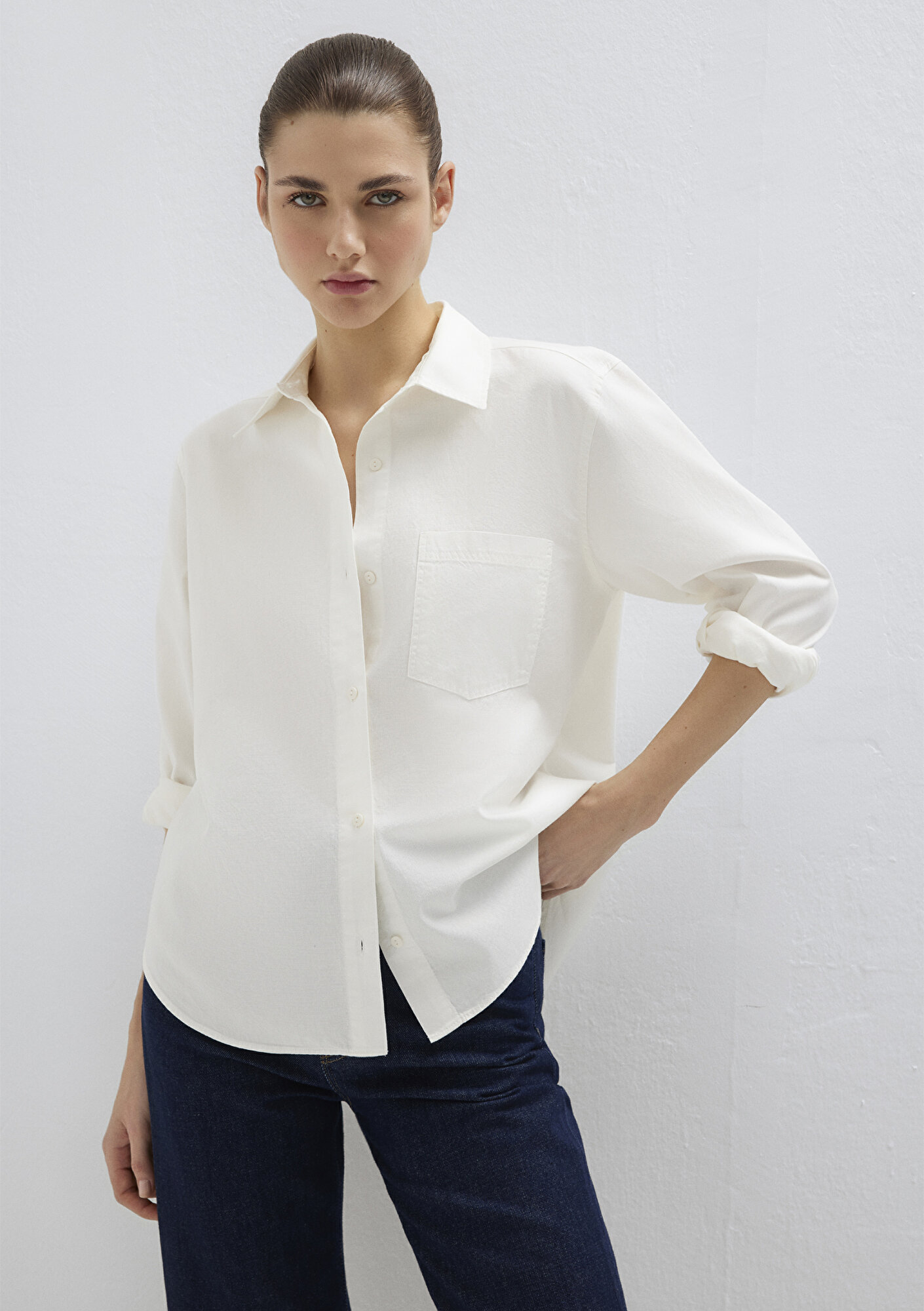  Mavi Ekru Gömlek Loose Fit / Bol Rahat Kesim 1211434-70057