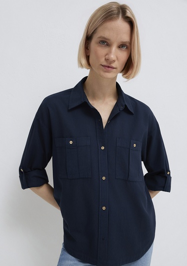  Mavi Lacivert Gömlek Loose Fit / Bol Rahat Kesim 1211383-70492