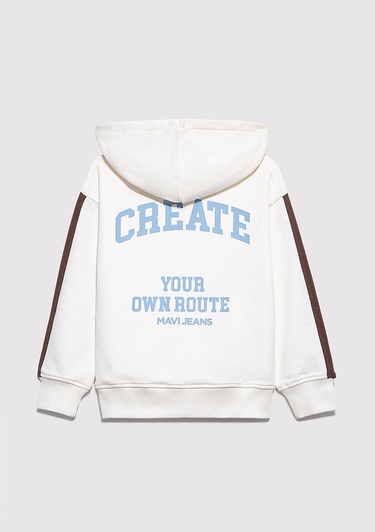  Mavi Baskılı Kapüşonlu Ekru Sweatshirt 6S10165-70057