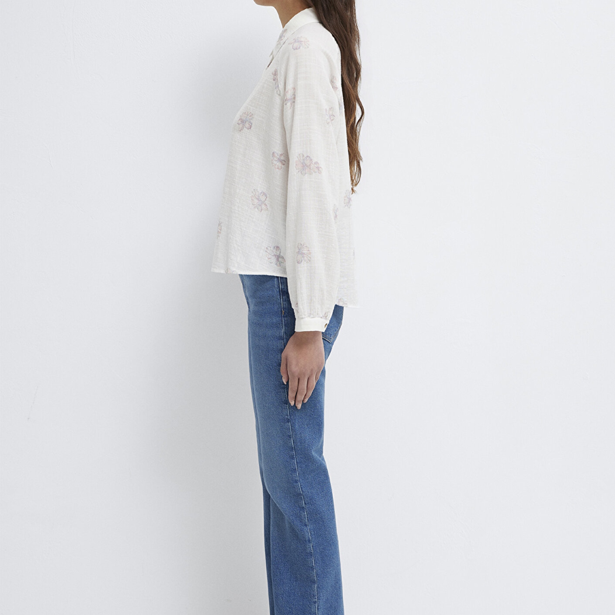 Mavi Baskılı Pembe Gömlek Loose Fit / Bol Rahat Kesim 122514-91496