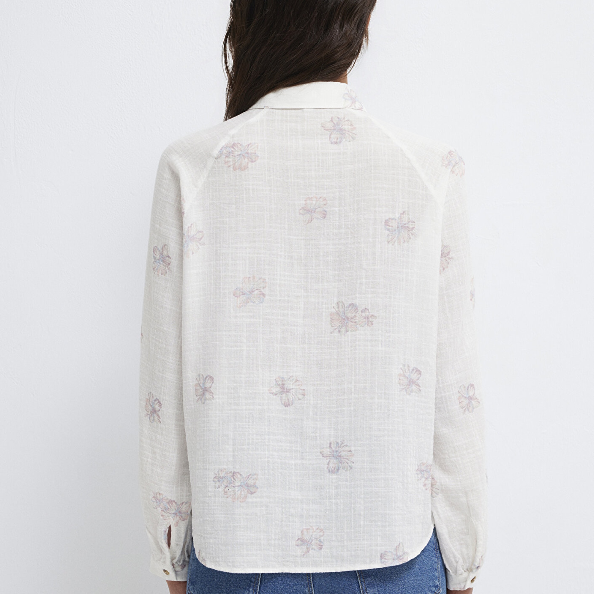 Mavi Baskılı Pembe Gömlek Loose Fit / Bol Rahat Kesim 122514-91496