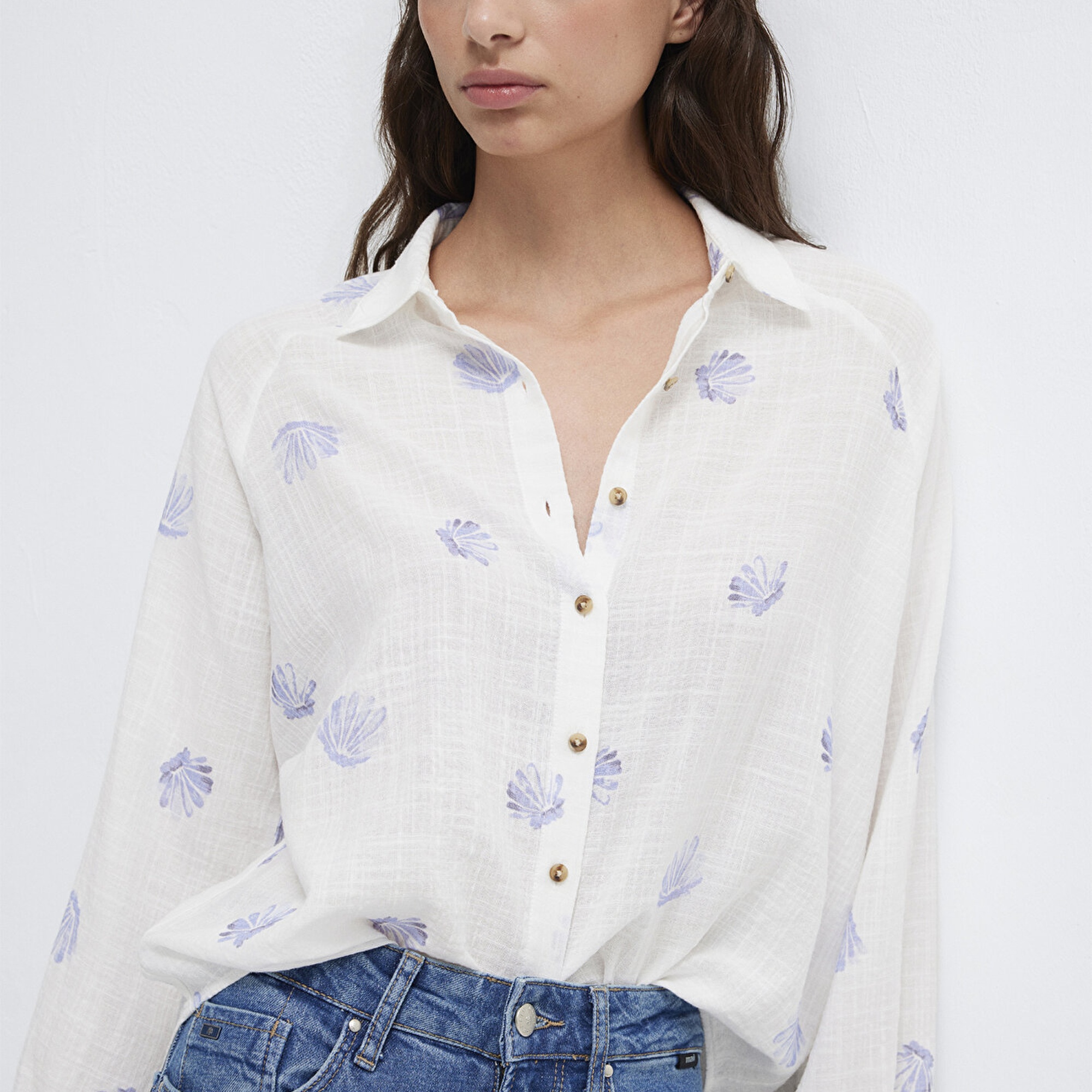 Mavi Baskılı Mavi Gömlek Loose Fit / Bol Rahat Kesim 122514-91497