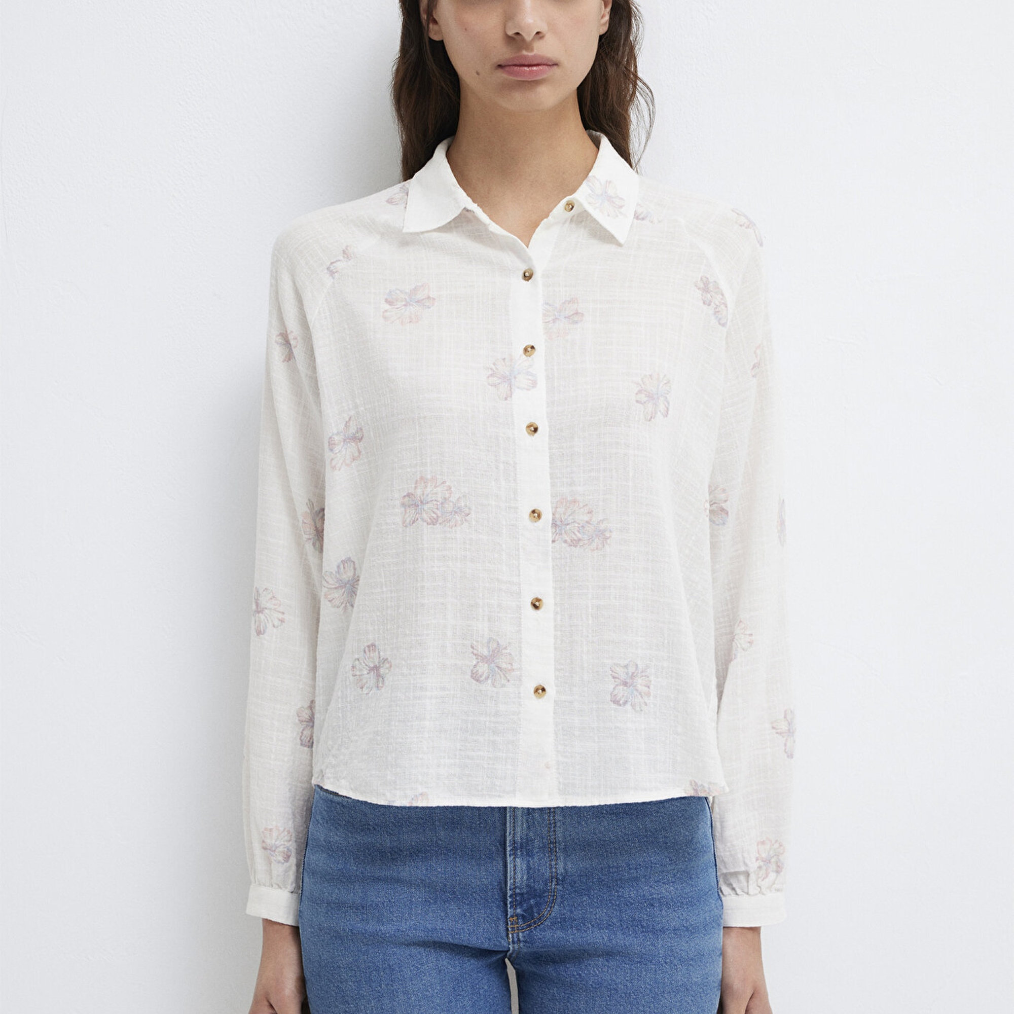 Mavi Baskılı Pembe Gömlek Loose Fit / Bol Rahat Kesim 122514-91496