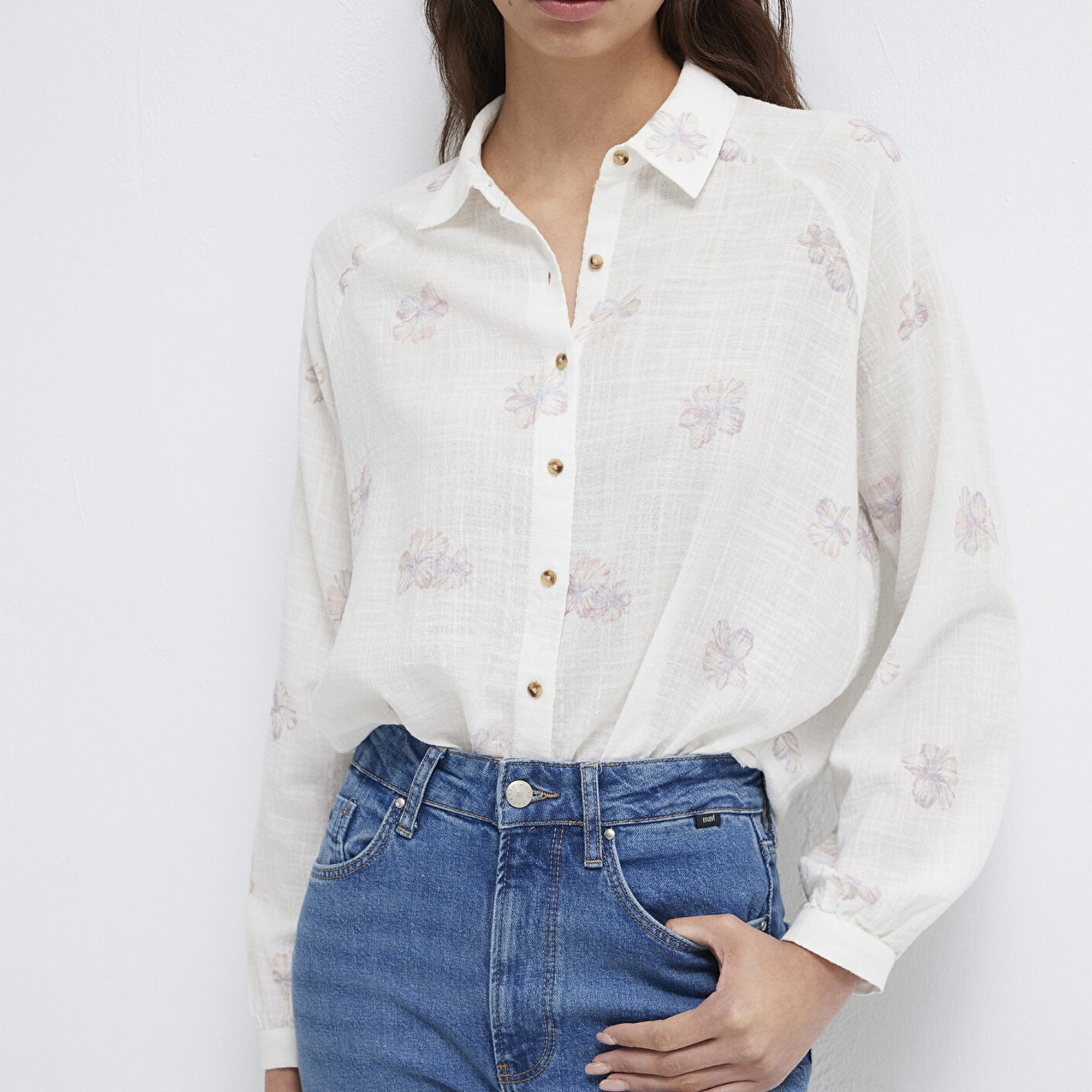 Mavi Baskılı Pembe Gömlek Loose Fit / Bol Rahat Kesim 122514-91496