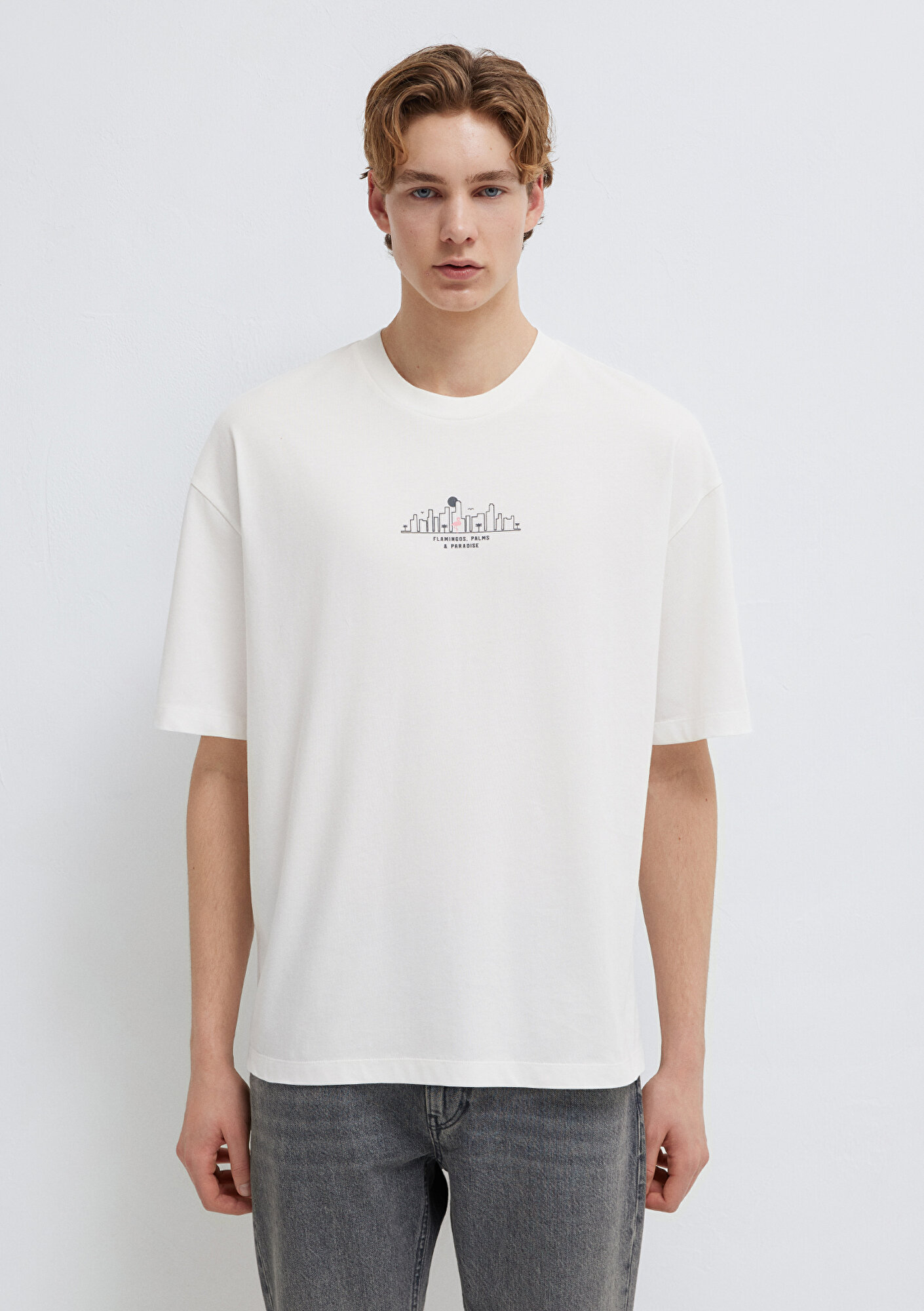  Mavi Miami Baskılı Ekru Tişört Oversize / Geniş Kesim 0613296-70057