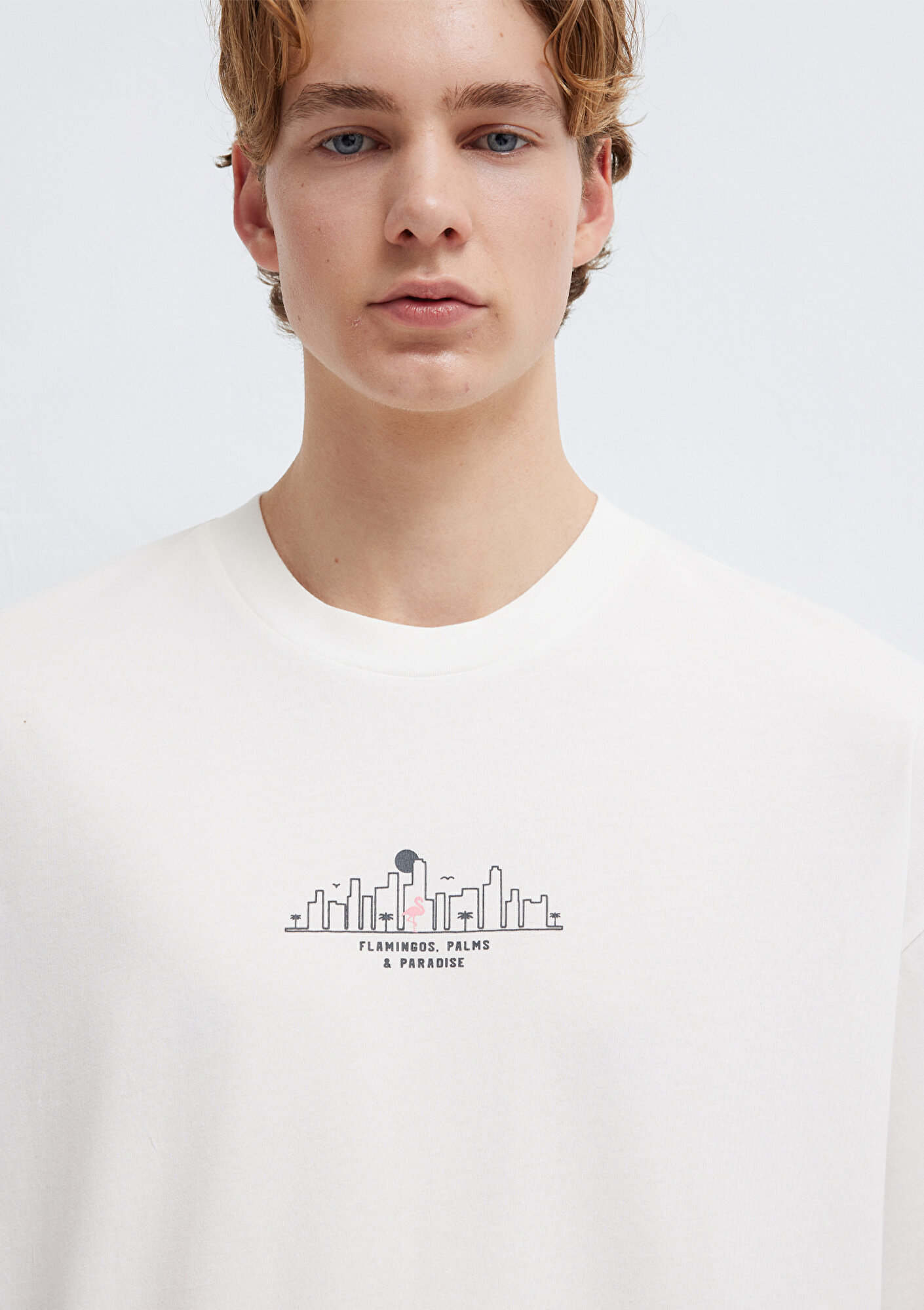 Mavi Miami Baskılı Ekru Tişört Oversize / Geniş Kesim 0613296-70057