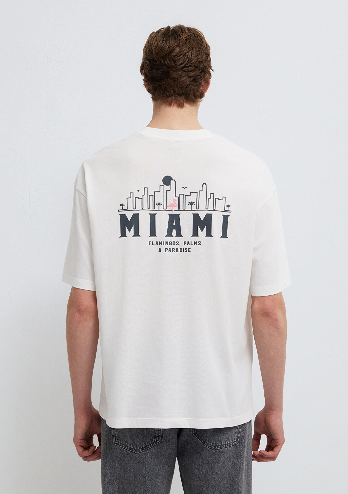 Mavi Miami Baskılı Ekru Tişört Oversize / Geniş Kesim 0613296-70057