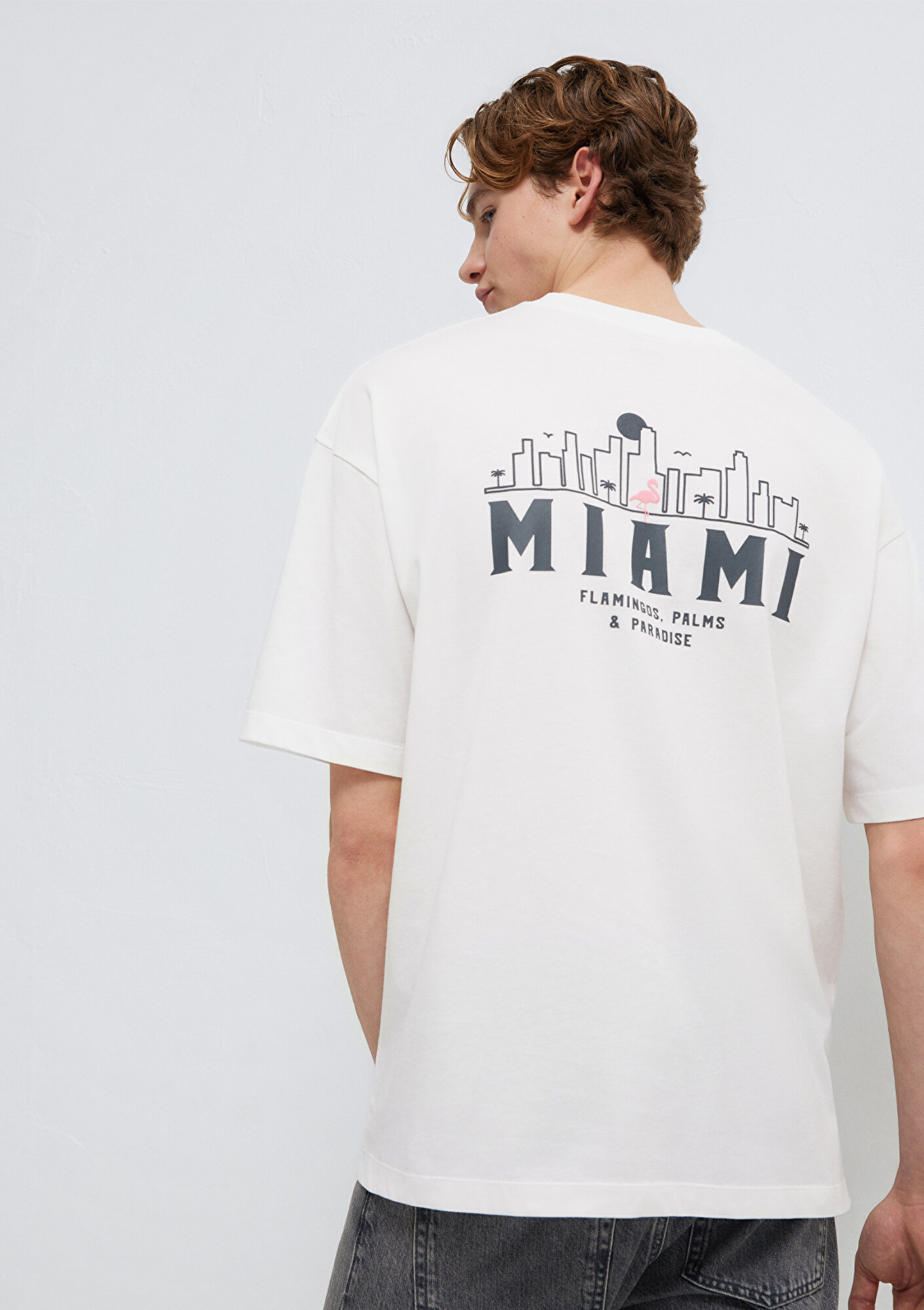 Mavi Miami Baskılı Ekru Tişört Oversize / Geniş Kesim 0613296-70057