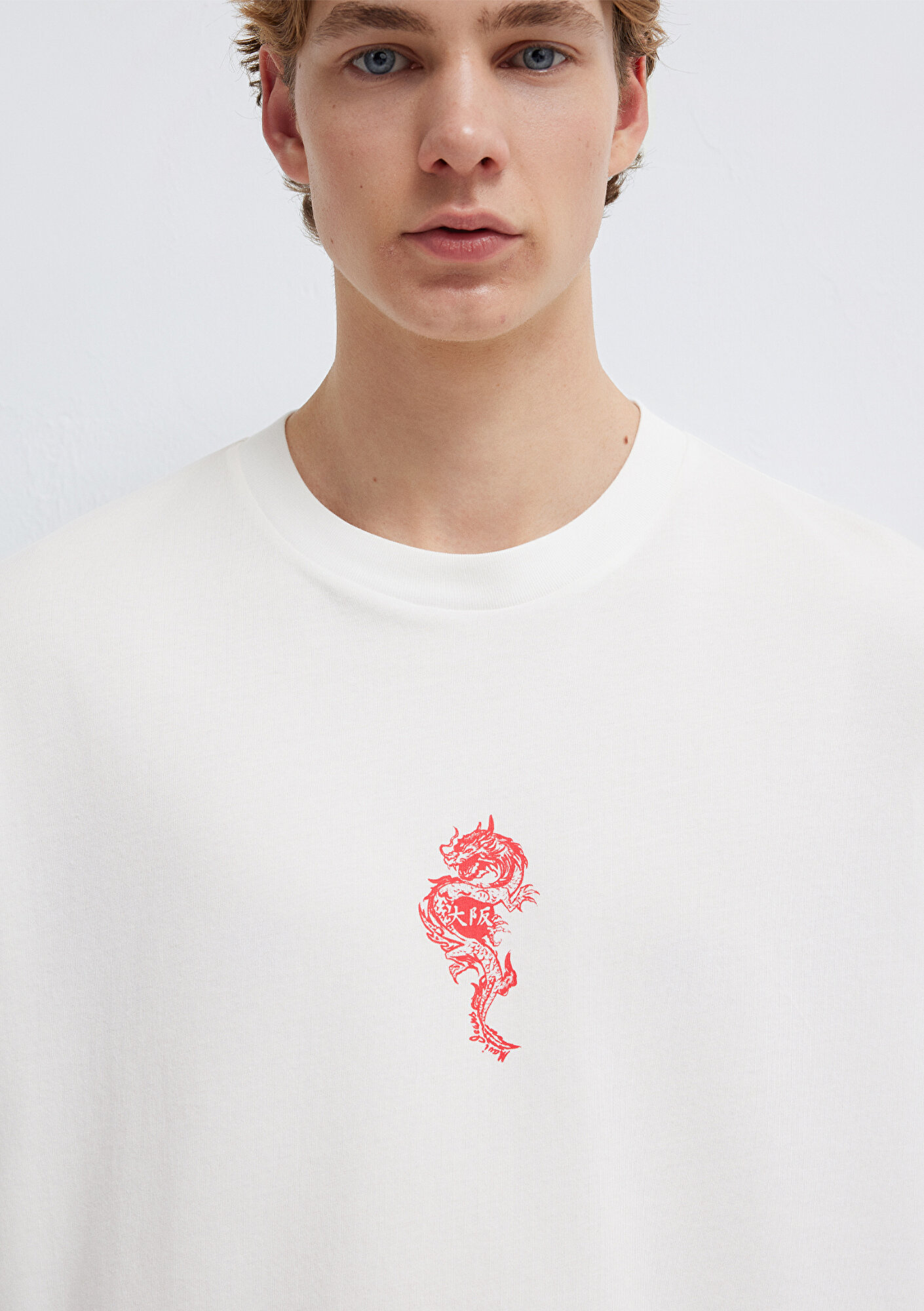 Mavi Ejderha Baskılı Ekru Tişört Oversize / Geniş Kesim 0613300-70057