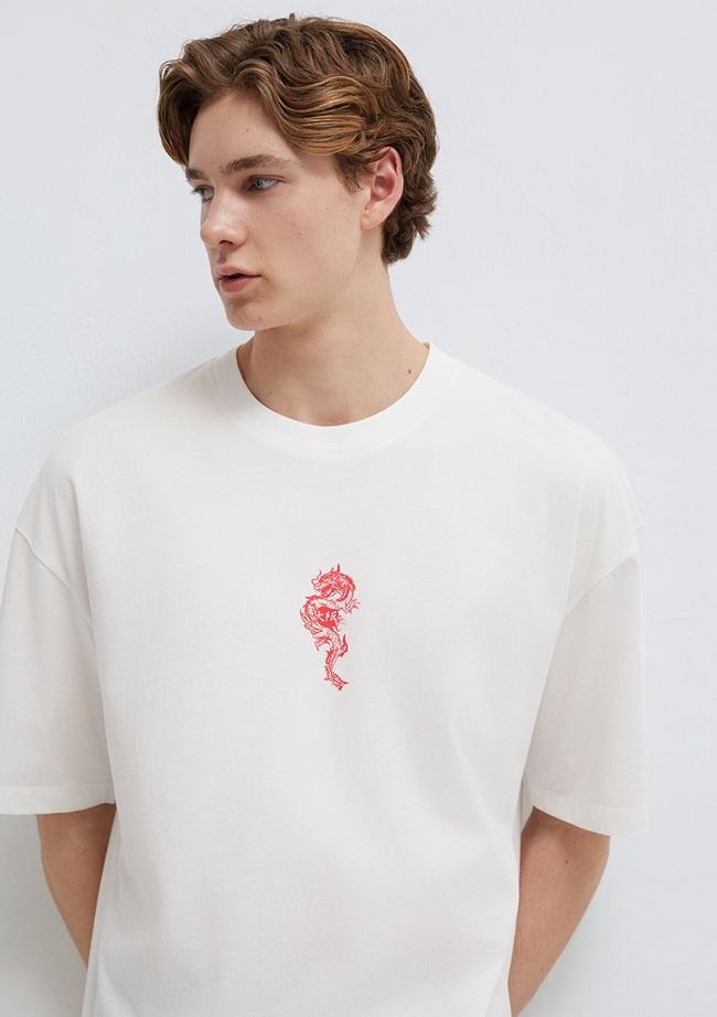  Mavi Ejderha Baskılı Ekru Tişört Oversize / Geniş Kesim 0613300-70057