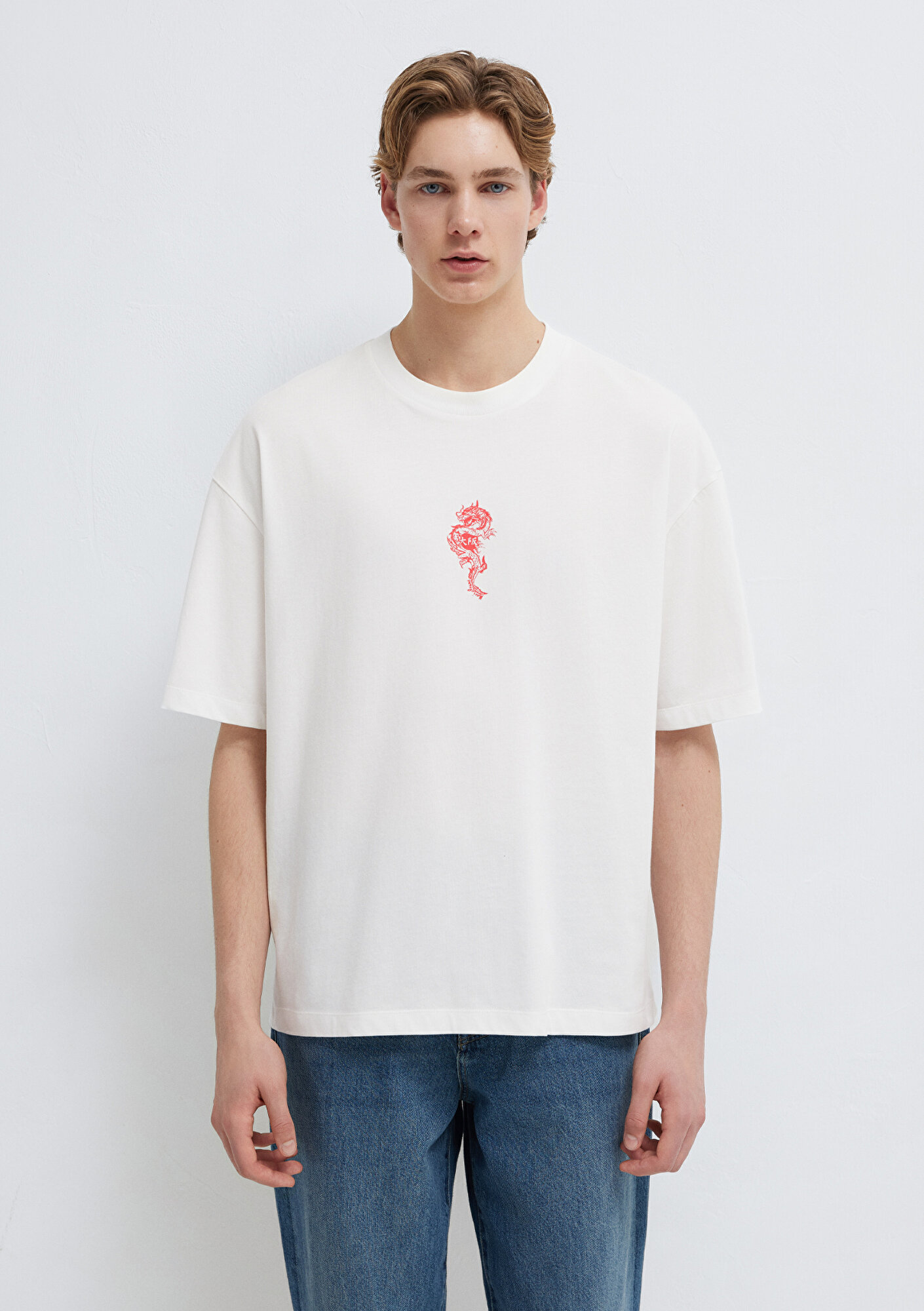 Mavi Ejderha Baskılı Ekru Tişört Oversize / Geniş Kesim 0613300-70057